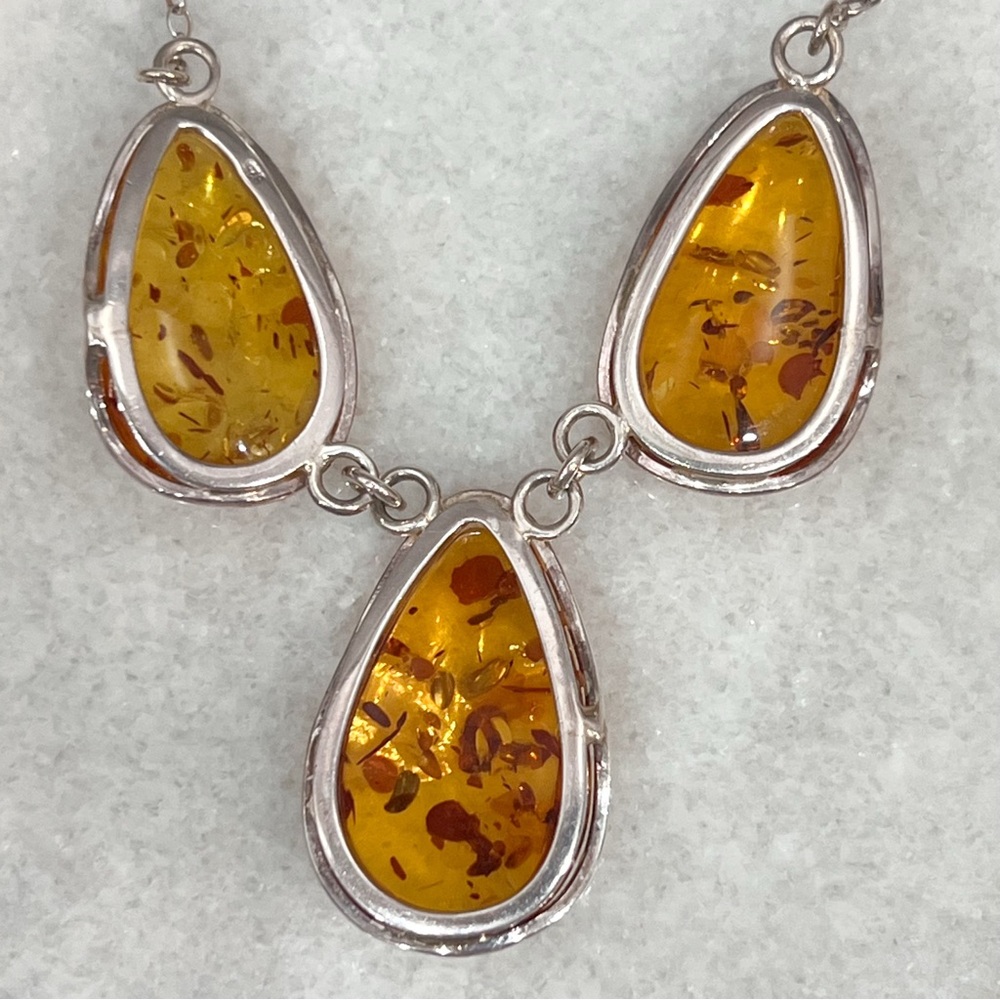 Baltic Amber Sterling Silver Trio Pendant Necklace - Picture 9 of 12